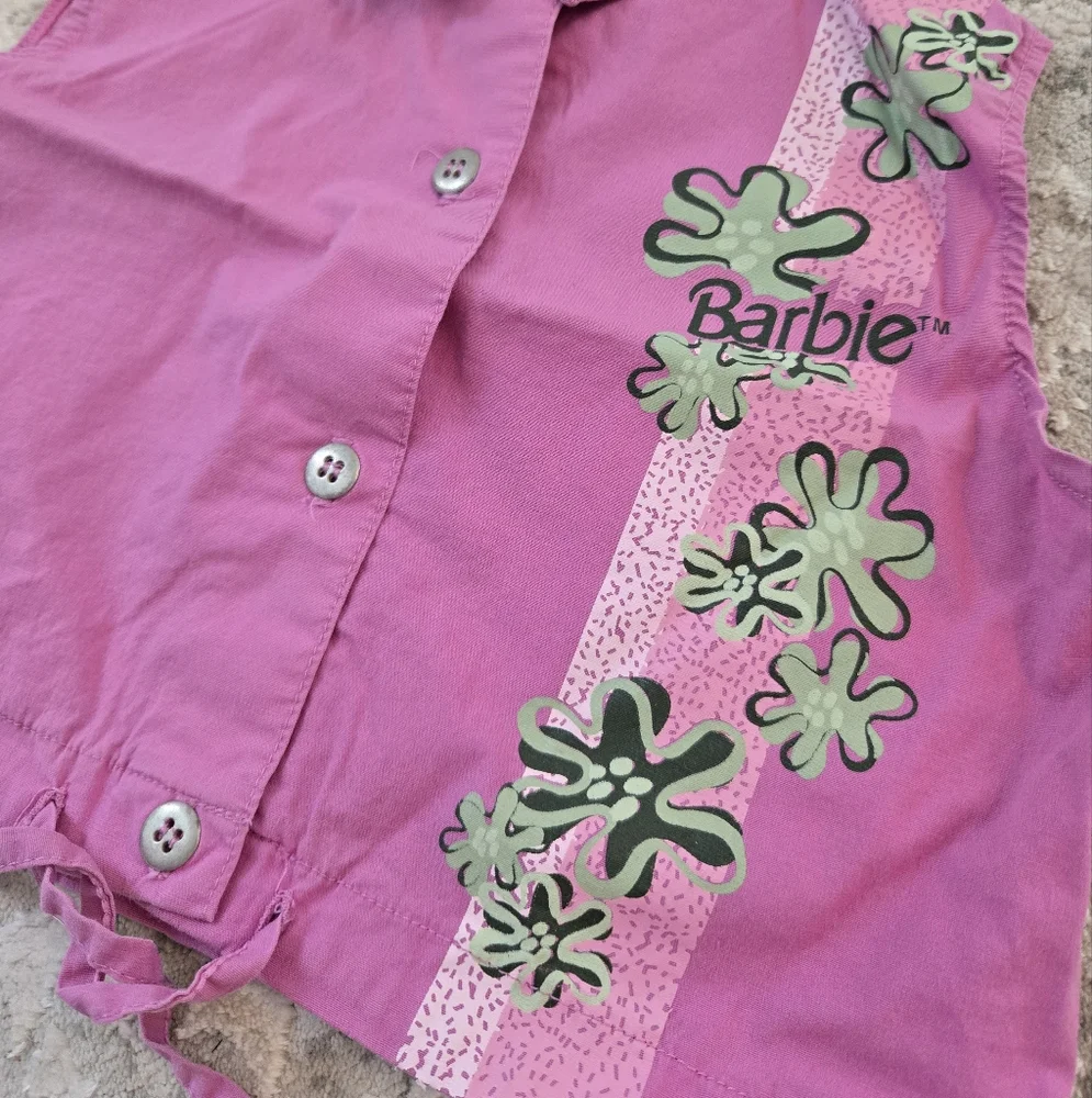 Vintage Y2k (2000) Barbie Fuschia Purple Sleeveless Top with Green Floral Design